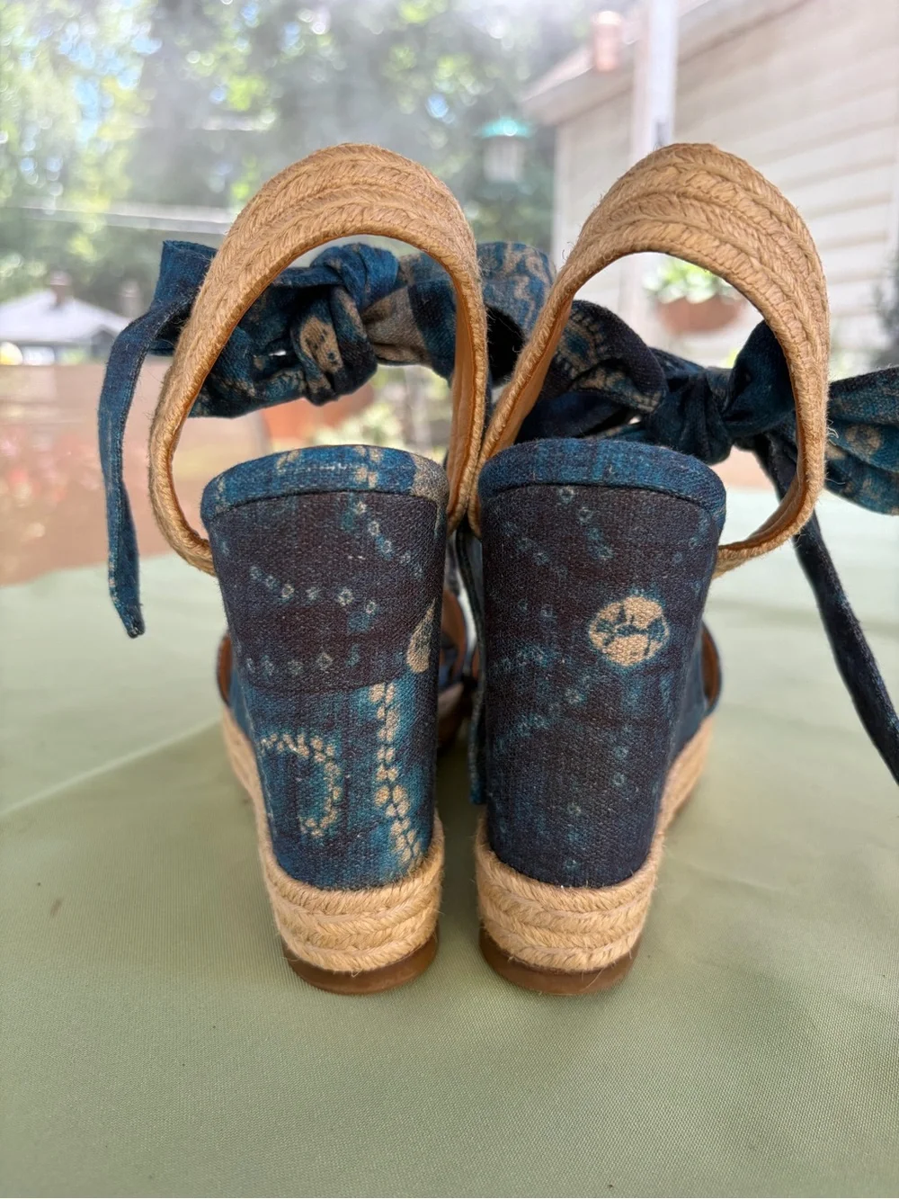 Polo by Ralph Lauren Blue Patterned Espadrille Wedge Sandals with Ankle Ties.